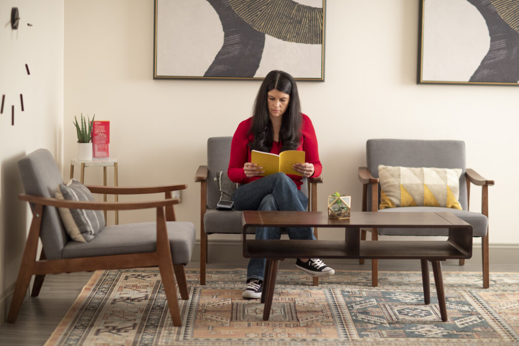 woman in a waiting room for her first spravato treatment